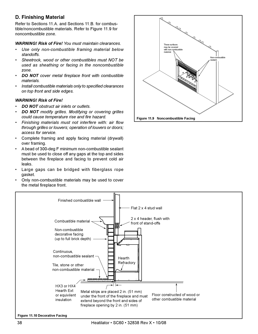 Hearth and Home Technologies SC60 owner manual Finishing Material, HX3 or HX4 Hearth Ext or equivilent insulation 