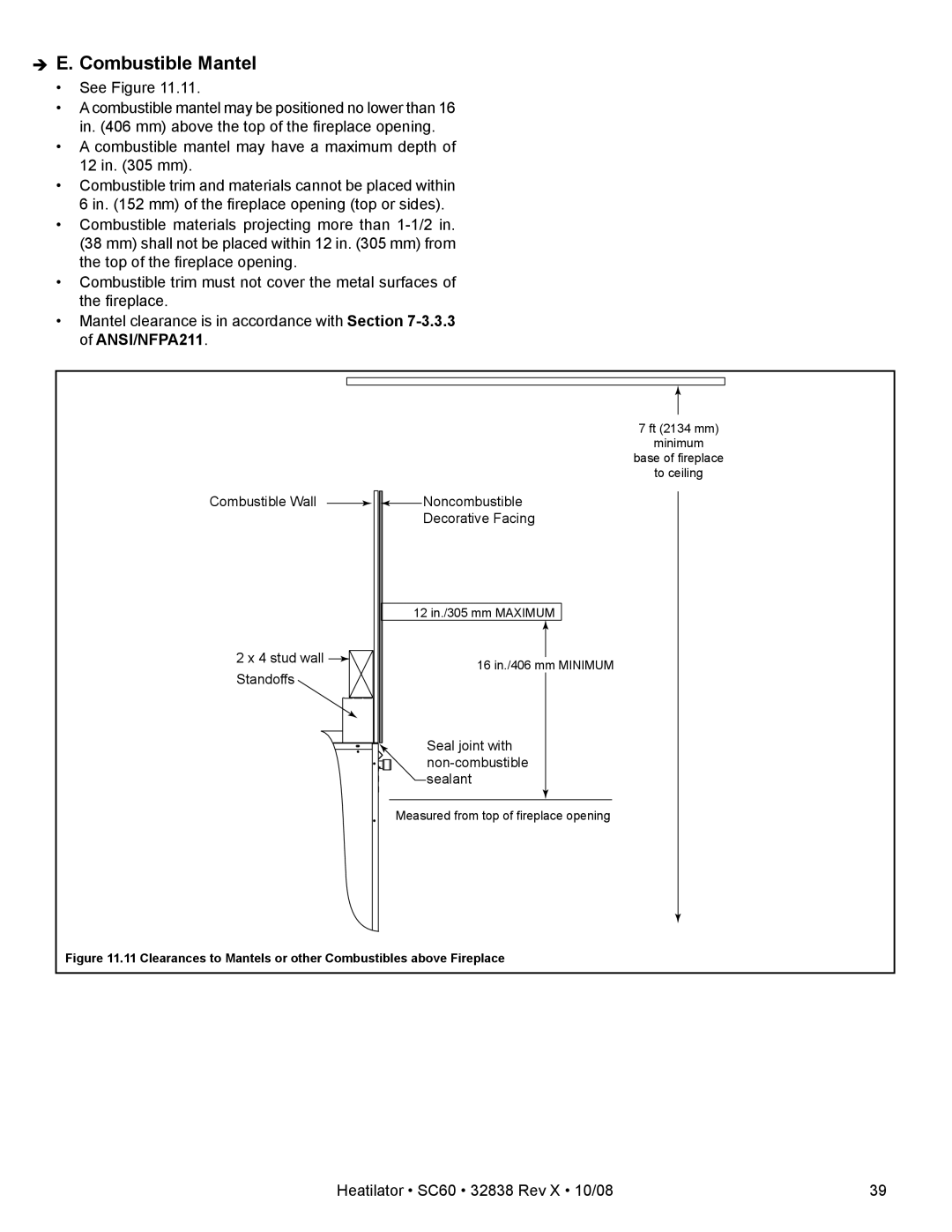 Hearth and Home Technologies SC60 owner manual Combustible Mantel 