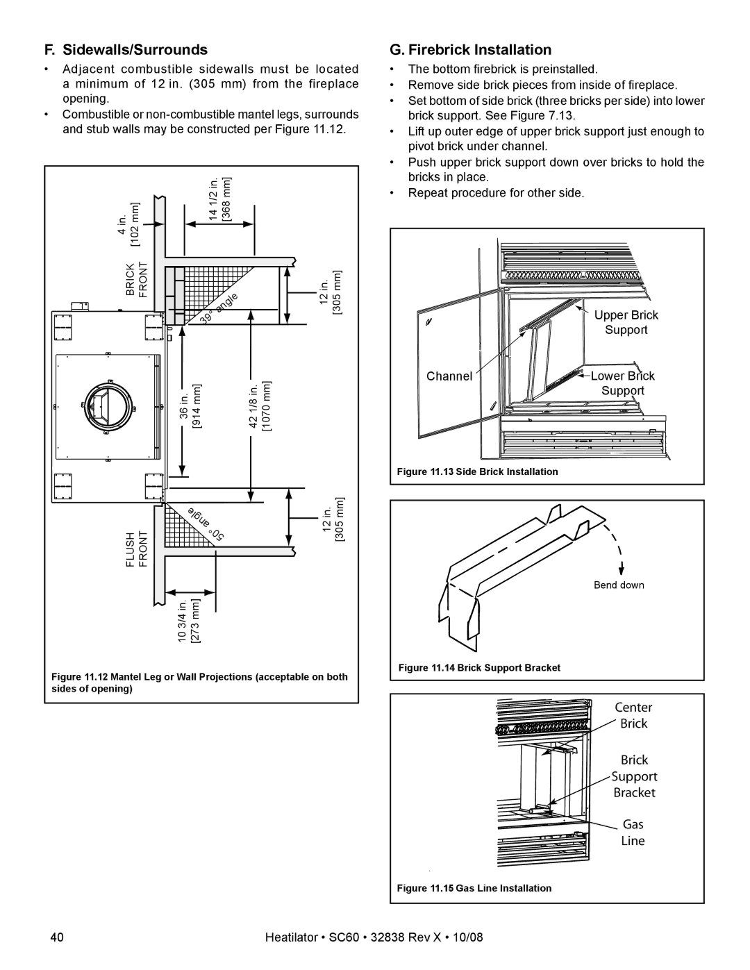 Hearth and Home Technologies SC60 owner manual Firebrick Installation, Side Brick Installation 