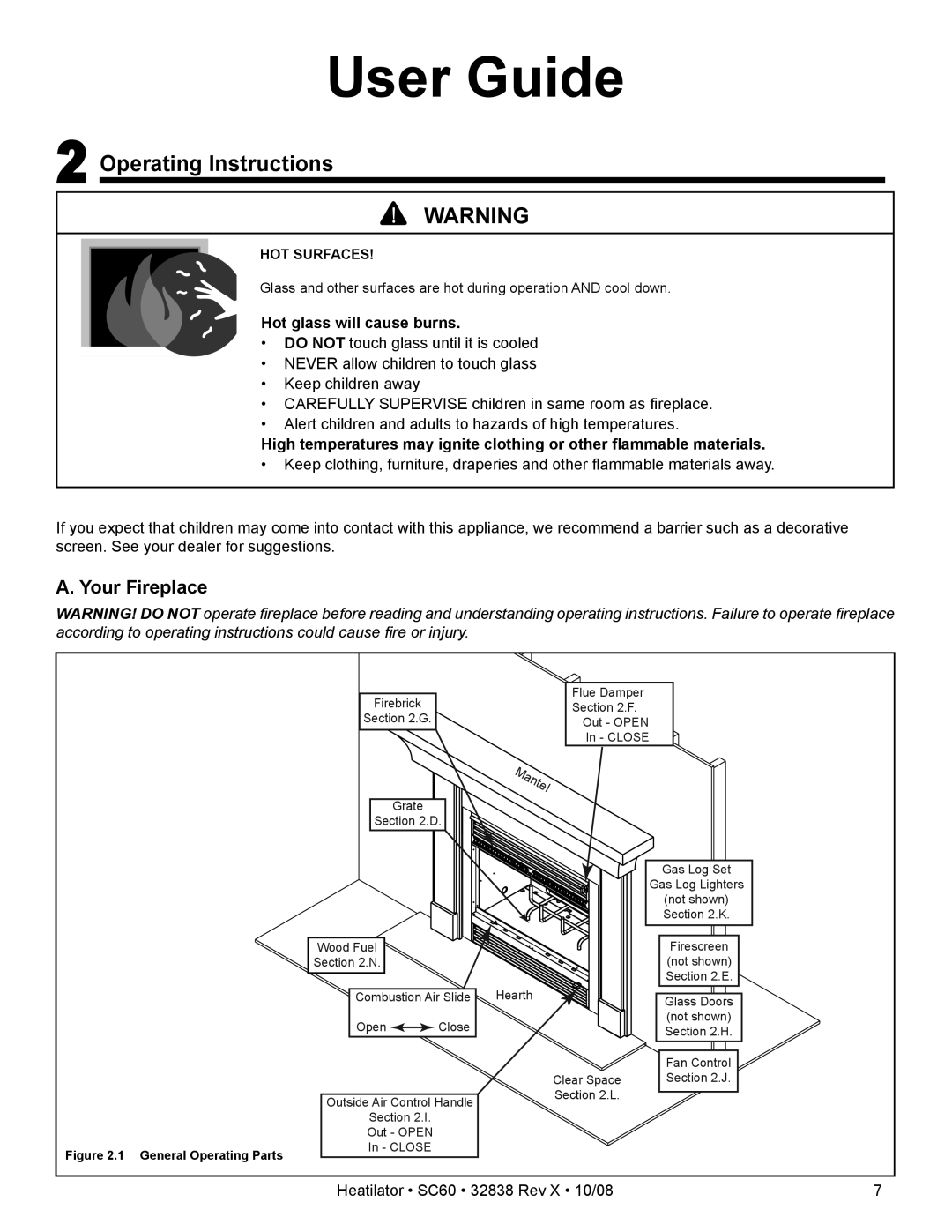 Hearth and Home Technologies SC60 owner manual Operating Instructions, Your Fireplace, Hot glass will cause burns 