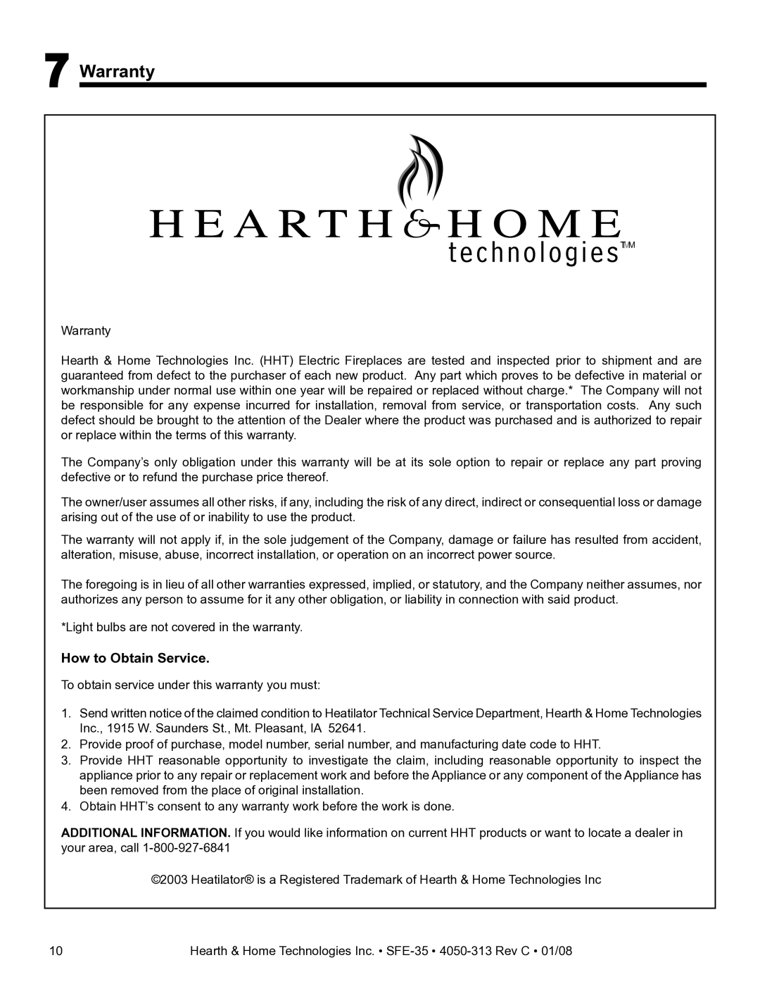 Hearth and Home Technologies SFE-35 manual Warranty, How to Obtain Service 