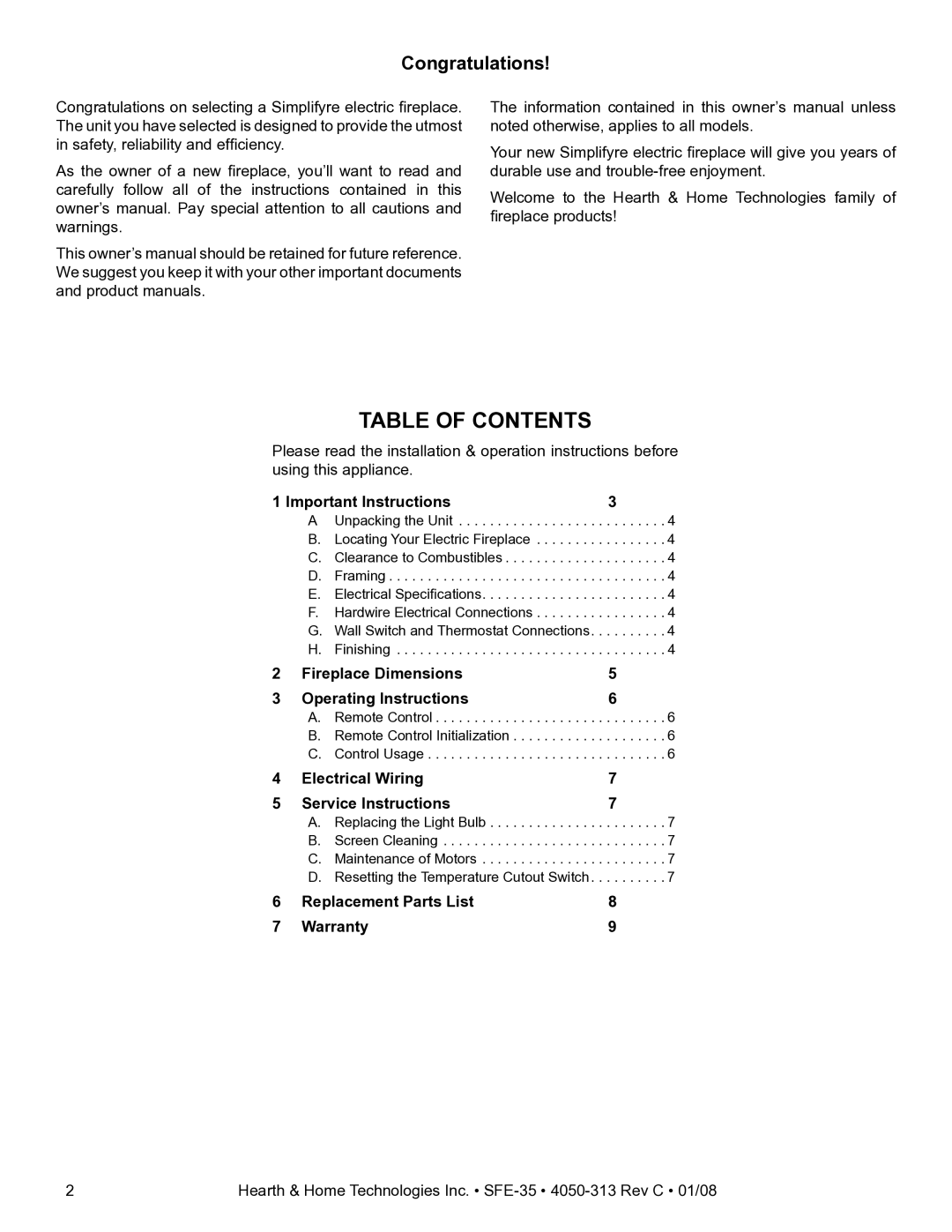 Hearth and Home Technologies SFE-35 manual Table of Contents 