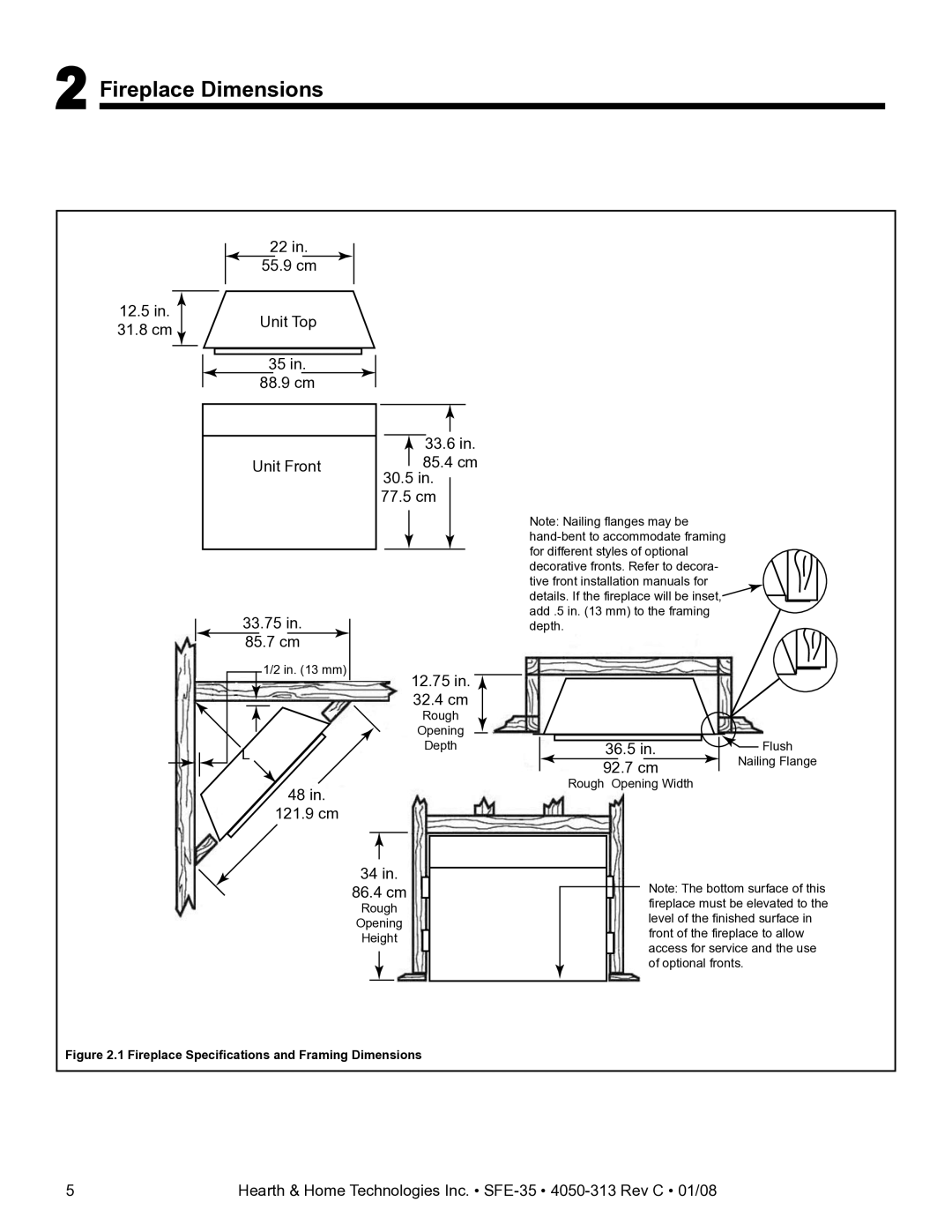 Hearth and Home Technologies SFE-35 manual Fireplace Dimensions, Fireplace Speciﬁcations and Framing Dimensions 