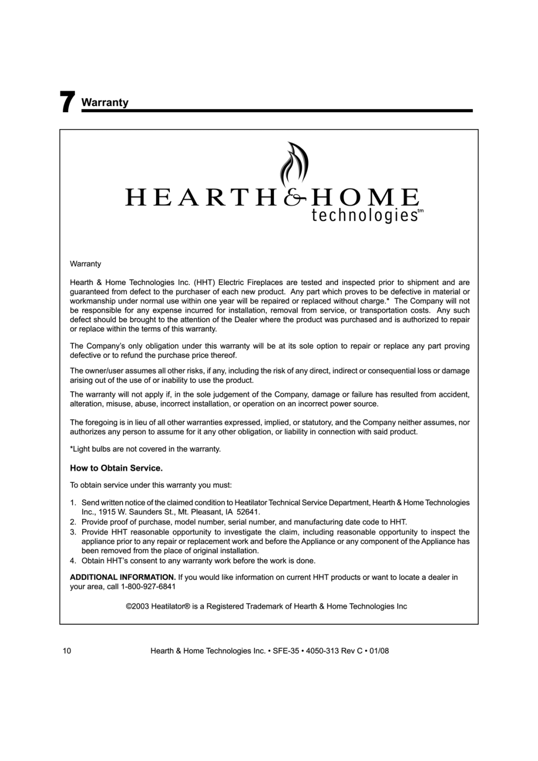 Hearth and Home Technologies SFE-35C manual 