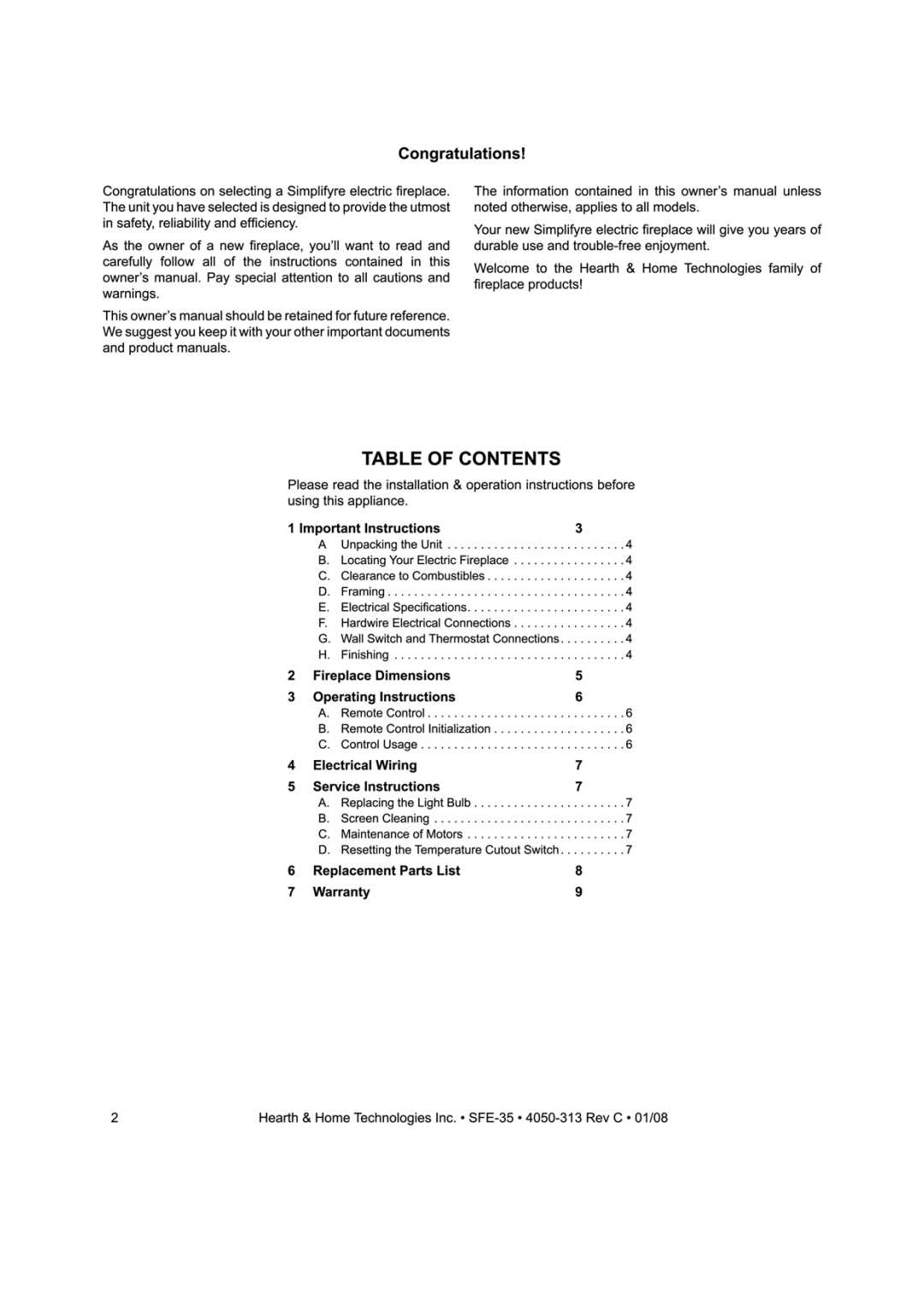 Hearth and Home Technologies SFE-35C manual 