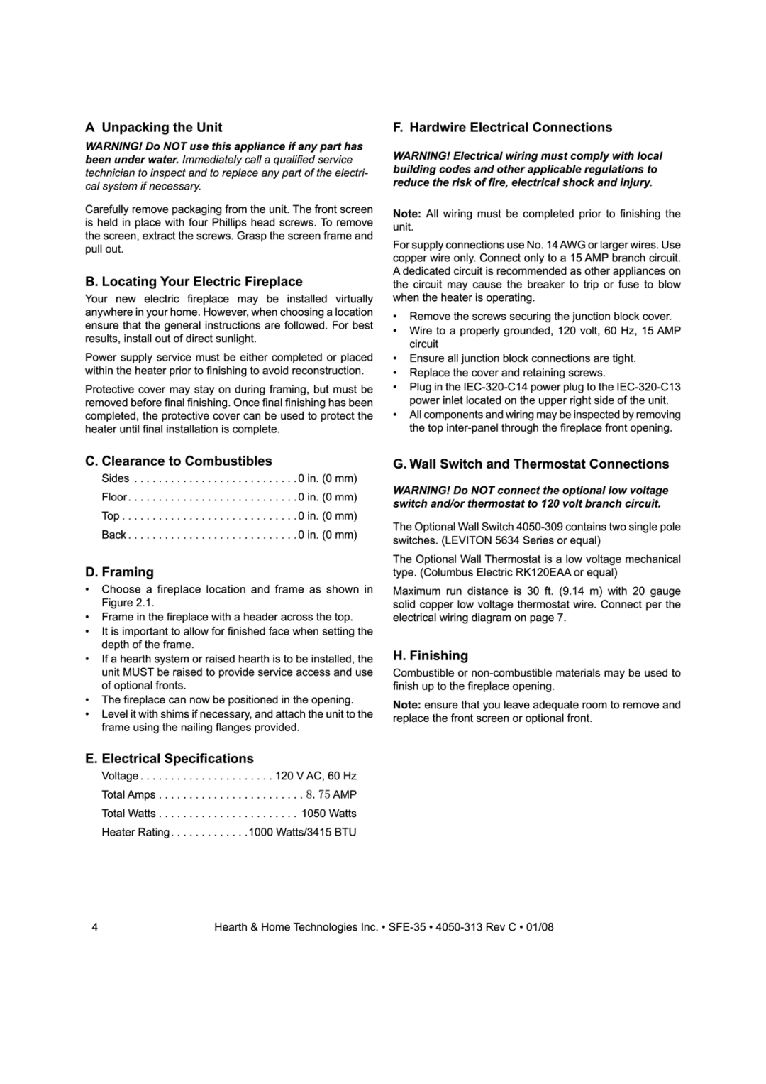 Hearth and Home Technologies SFE-35C manual 