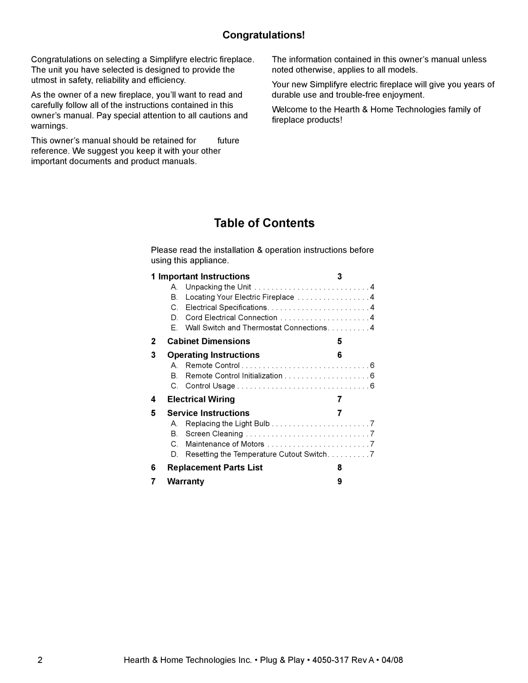 Hearth and Home Technologies SFE-CDLB3530PP, SFE-MKLB3530PP manual Table of Contents 