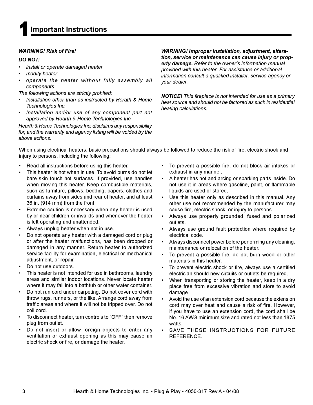 Hearth and Home Technologies SFE-MKLB3530PP, SFE-CDLB3530PP manual 1Important Instructions, Do not 