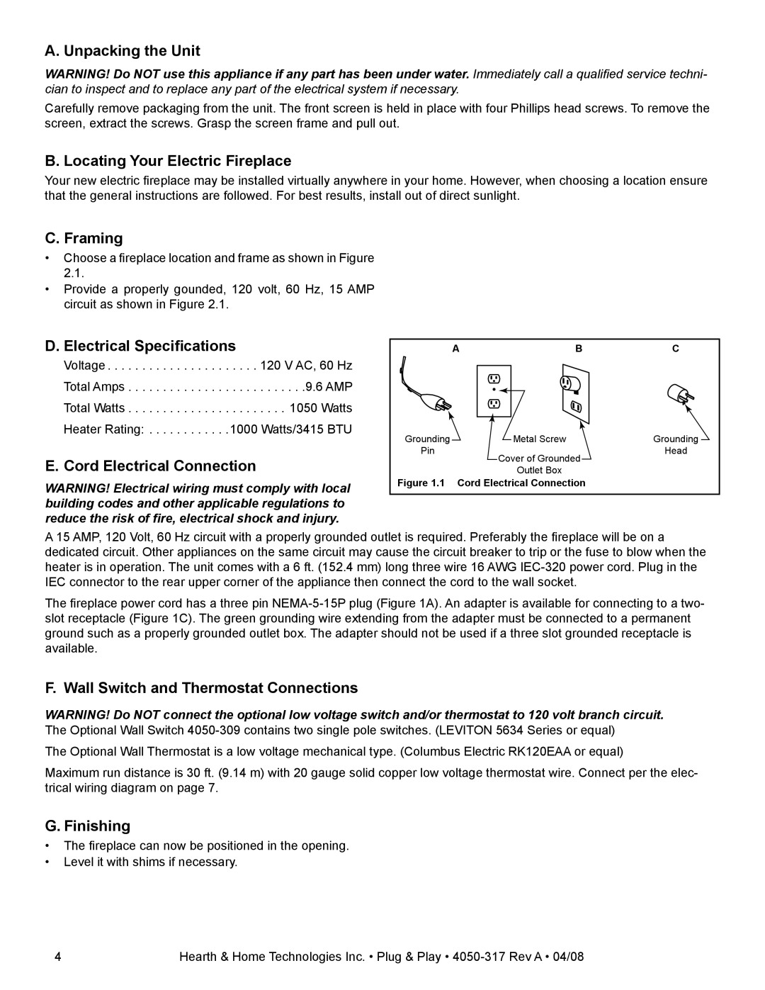 Hearth and Home Technologies SFE-CDLB3530PP manual Unpacking the Unit, Locating Your Electric Fireplace, Framing, Finishing 