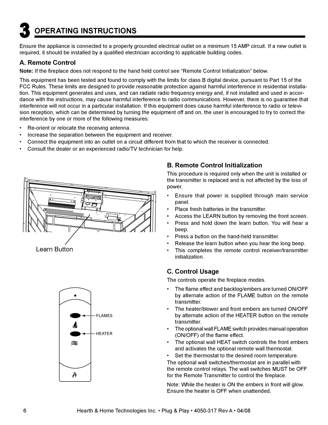 Hearth and Home Technologies SFE-CDLB3530PP, SFE-MKLB3530PP manual Remote Control Initialization, Control Usage 