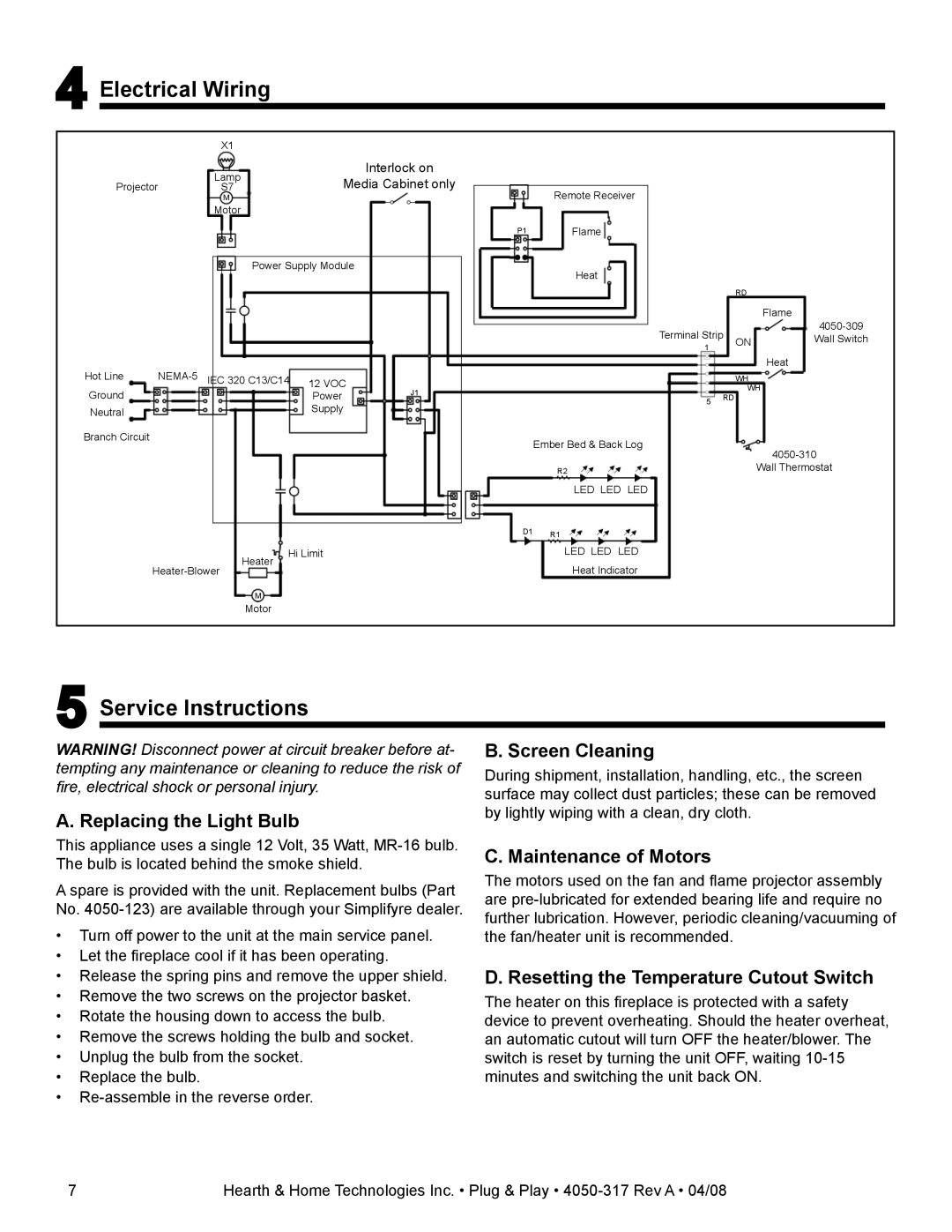 Hearth and Home Technologies SFE-MKLB3530PP, SFE-CDLB3530PP manual Electrical Wiring, Service Instructions 