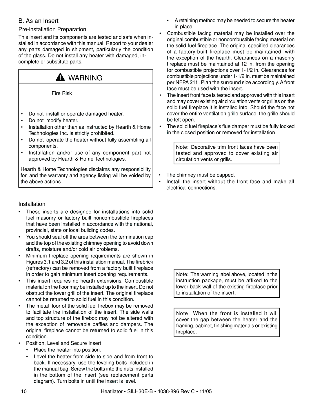 Hearth and Home Technologies SILH30E-B owner manual As an Insert, Pre-installation Preparation 