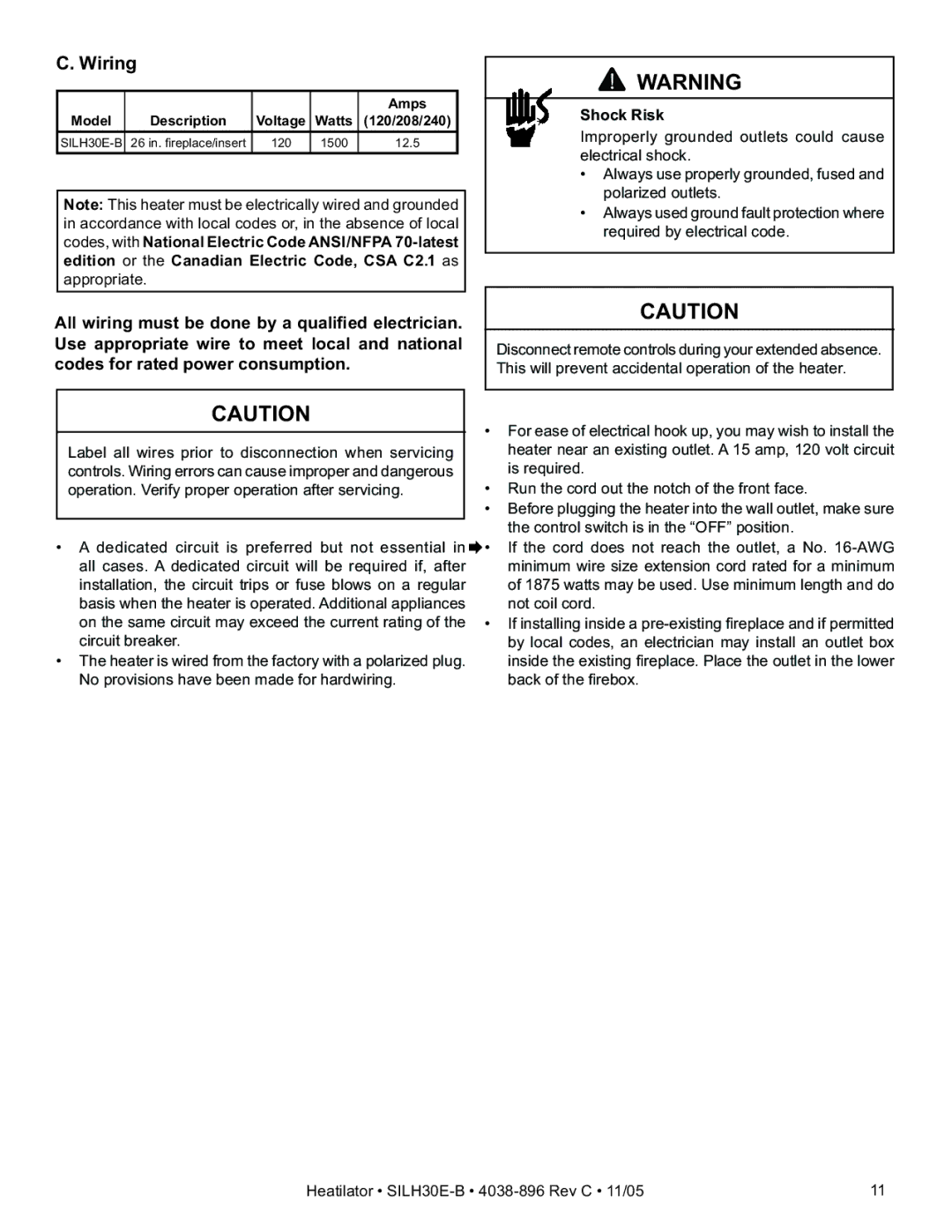 Hearth and Home Technologies SILH30E-B owner manual Wiring 