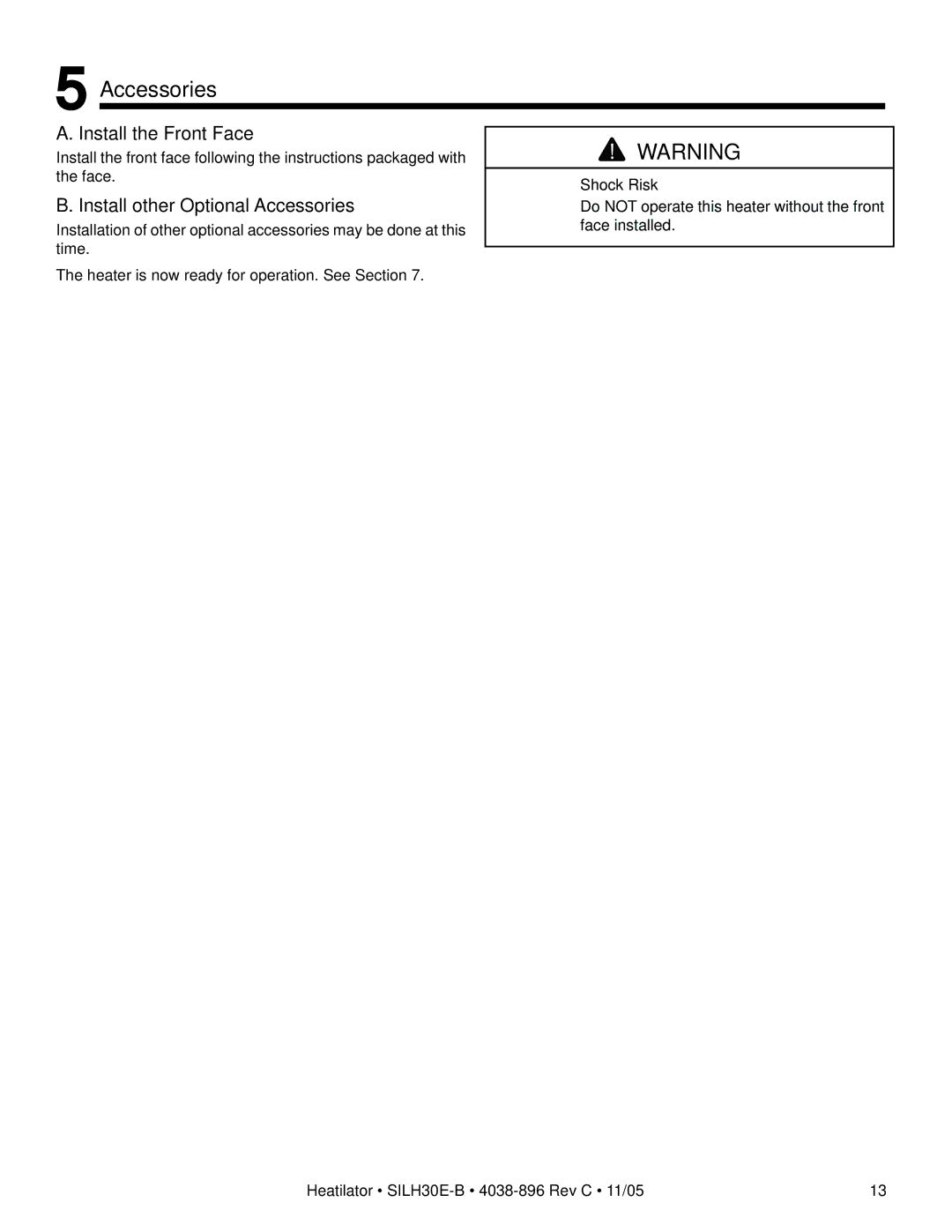 Hearth and Home Technologies SILH30E-B owner manual Install the Front Face, Install other Optional Accessories 