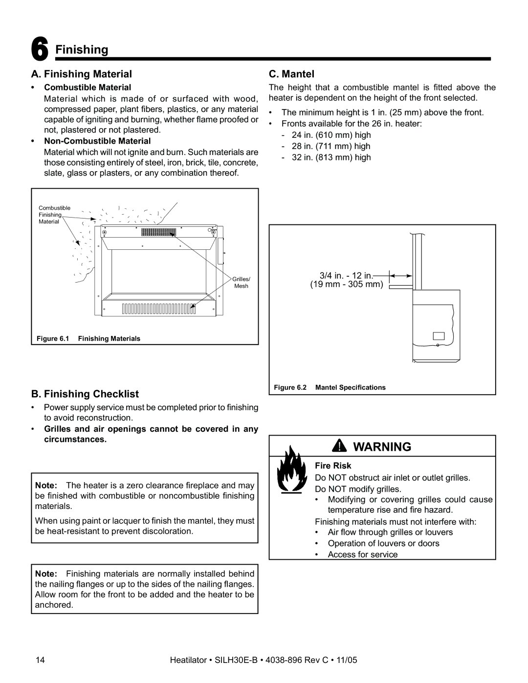 Hearth and Home Technologies SILH30E-B owner manual Finishing Material, Mantel, Finishing Checklist 