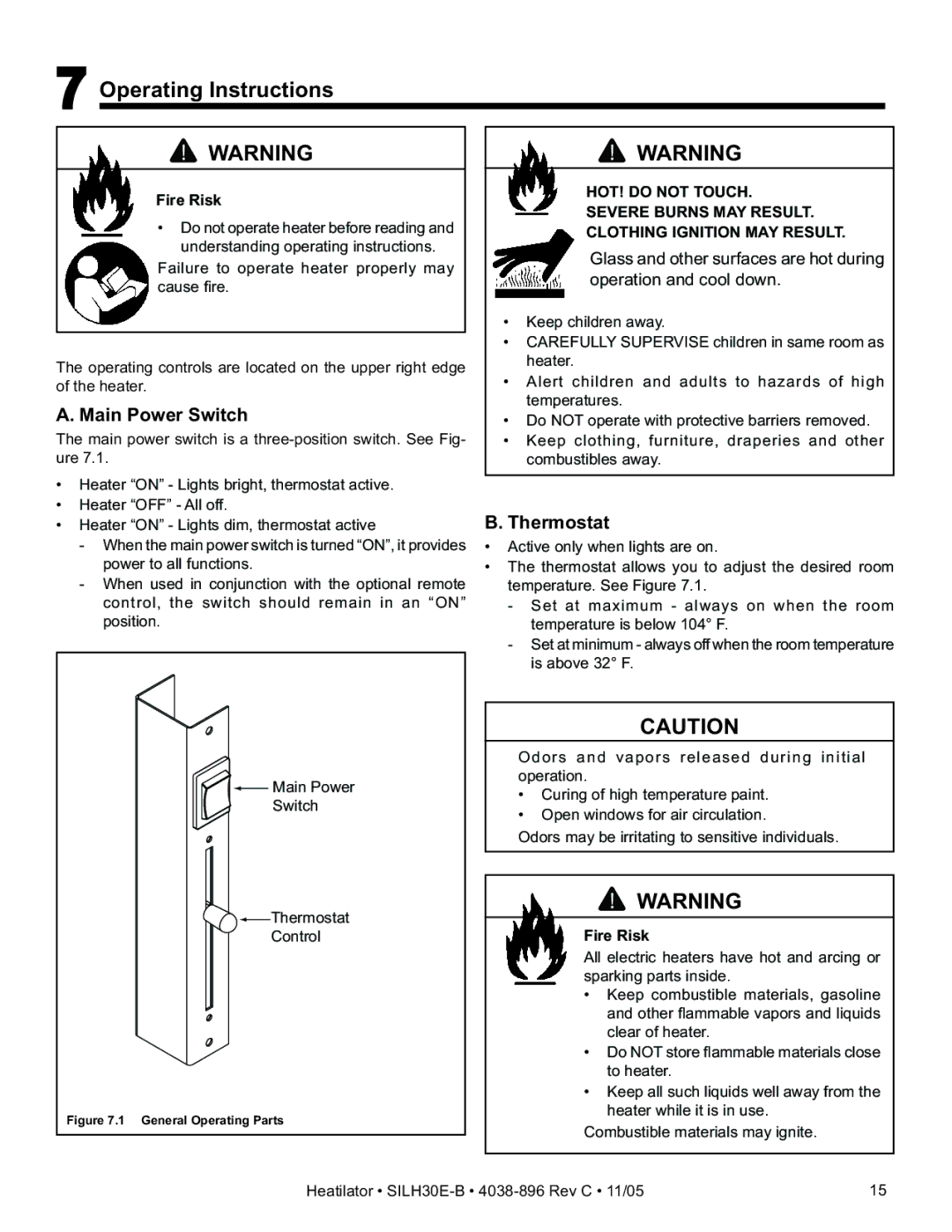 Hearth and Home Technologies SILH30E-B owner manual Operating Instructions, Main Power Switch, Thermostat 