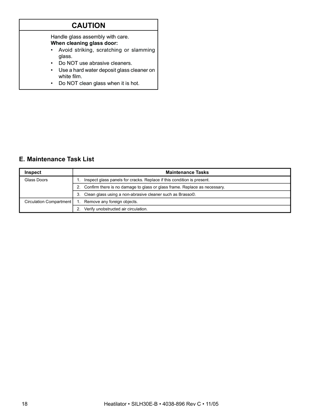 Hearth and Home Technologies SILH30E-B owner manual Maintenance Task List, When cleaning glass door 