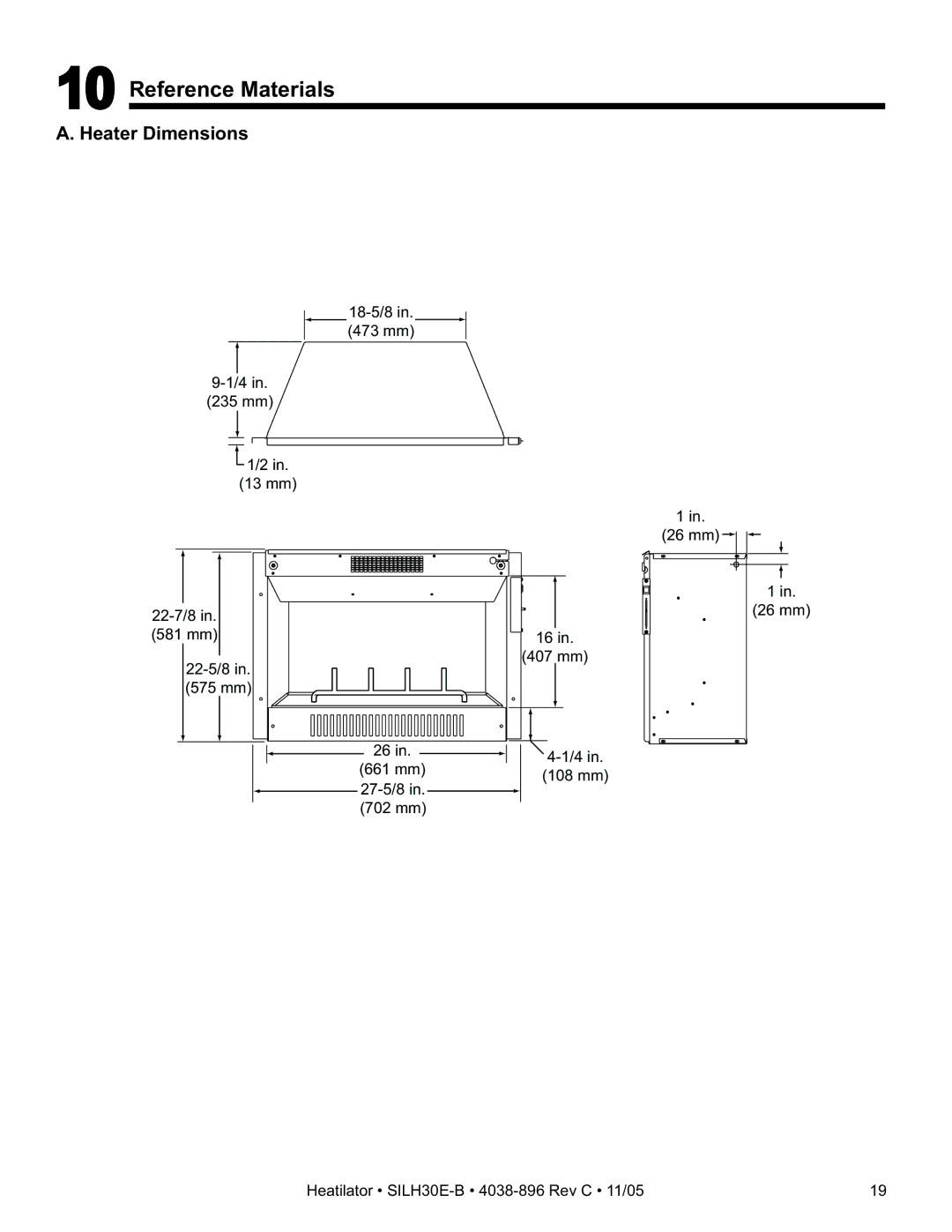 Hearth and Home Technologies SILH30E-B owner manual Reference Materials, Heater Dimensions 