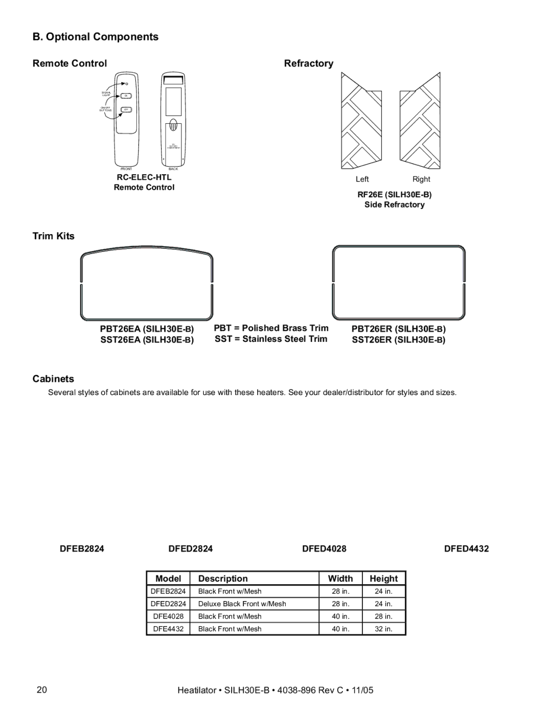 Hearth and Home Technologies SILH30E-B Optional Components, PBT = Polished Brass Trim, SST = Stainless Steel Trim 