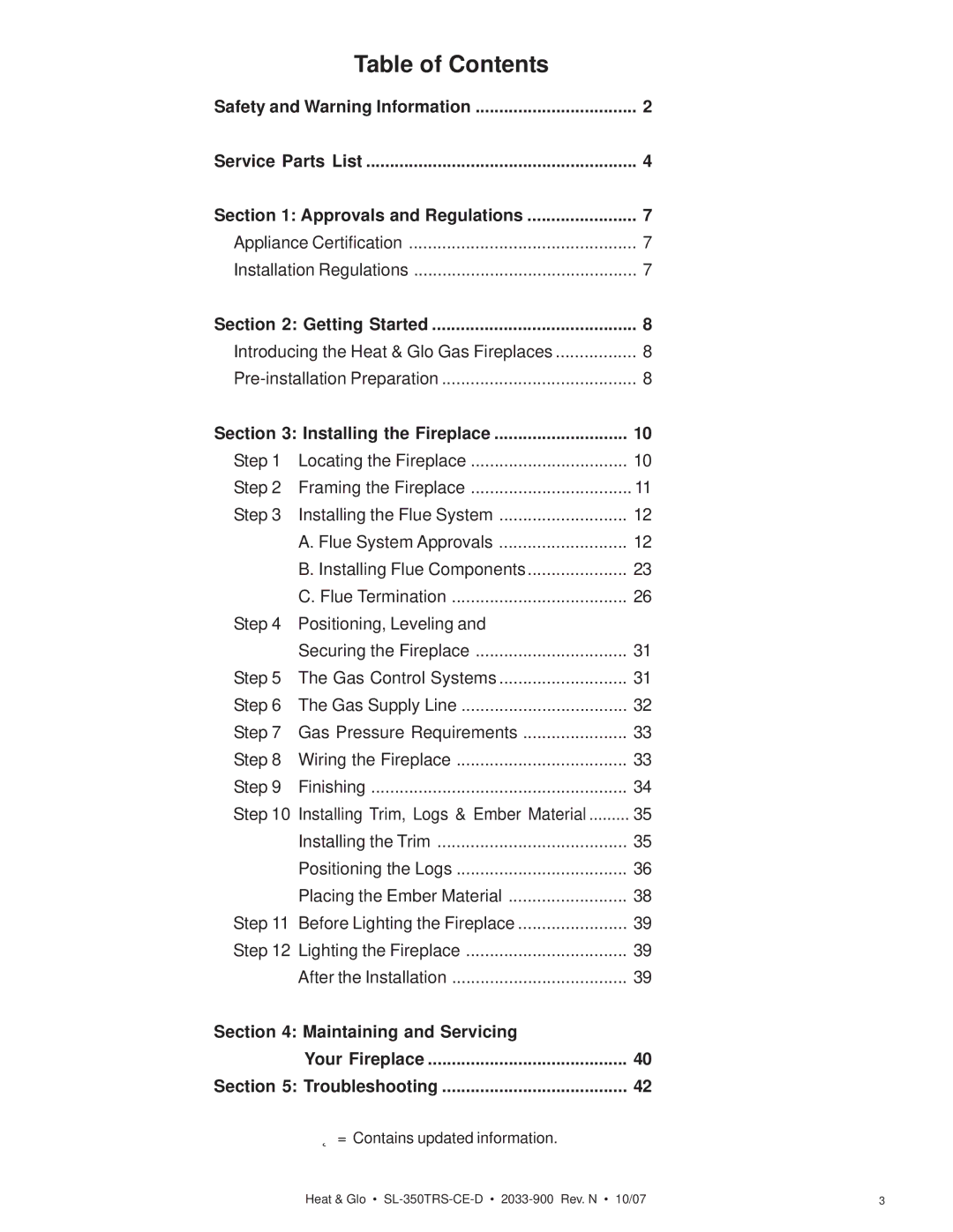 Hearth and Home Technologies SL-350TRS-CE-D manual Table of Contents 