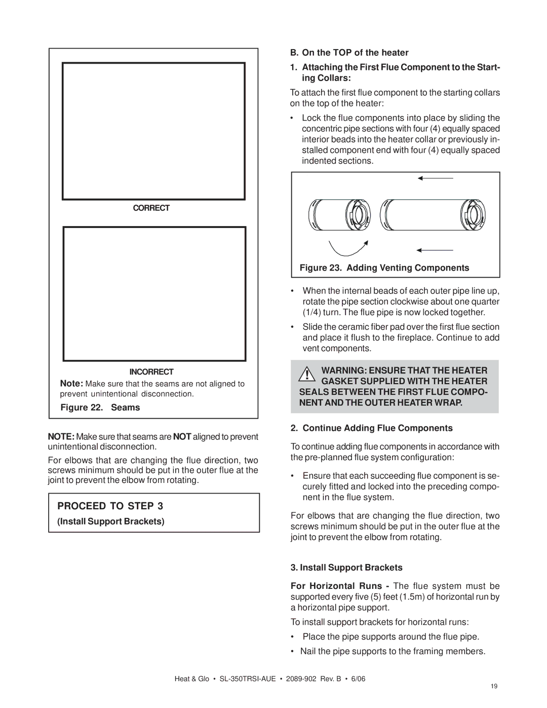 Hearth and Home Technologies SL-350TRSI-AUE manual Continue Adding Flue Components, Install Support Brackets 