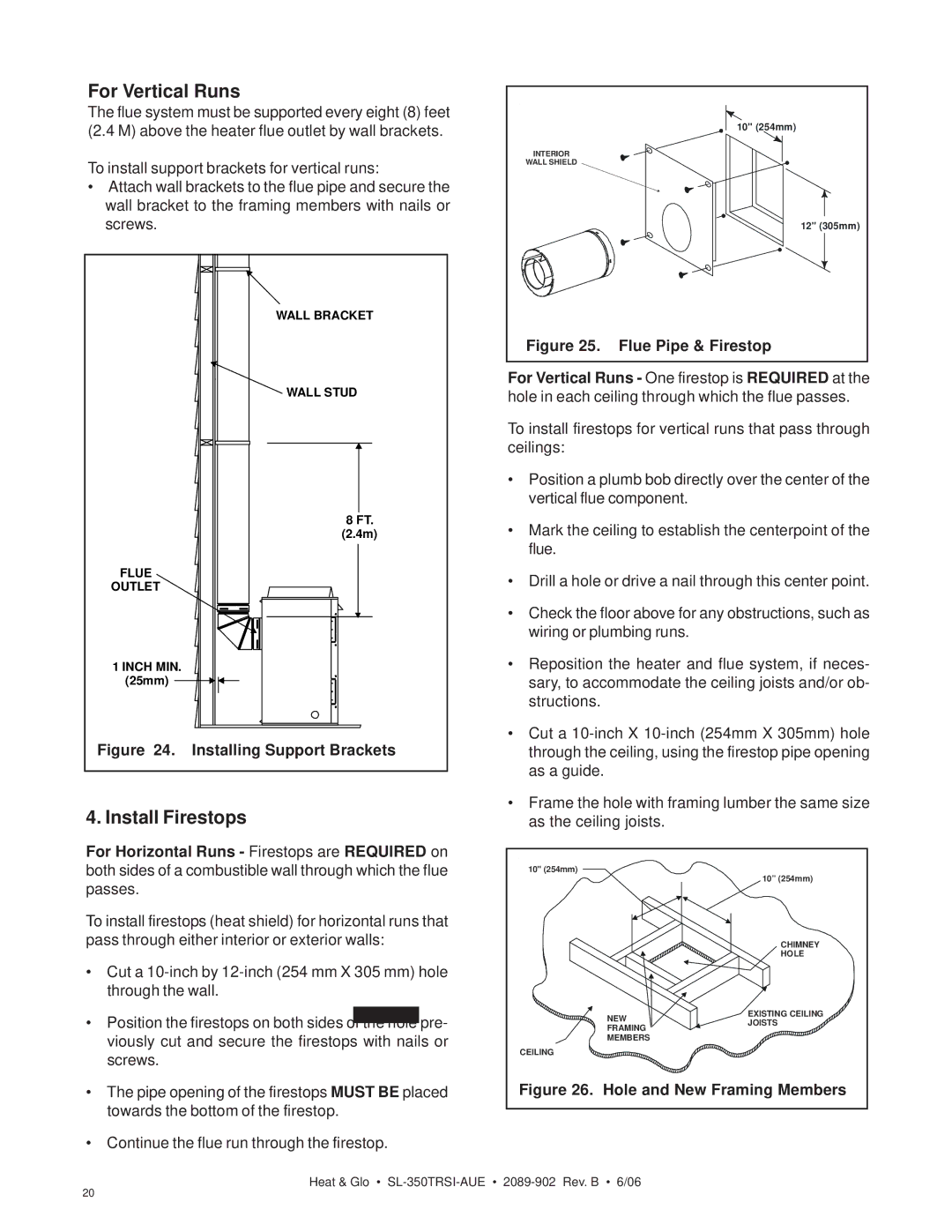 Hearth and Home Technologies SL-350TRSI-AUE manual Installing Support Brackets, Hole and New Framing Members 