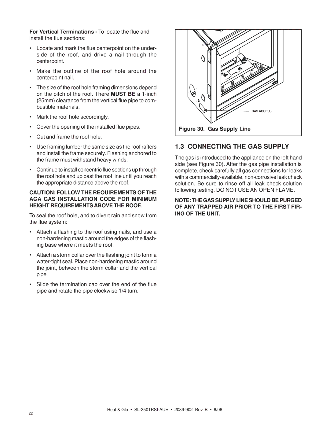 Hearth and Home Technologies SL-350TRSI-AUE manual Connecting the GAS Supply, Gas Supply Line 