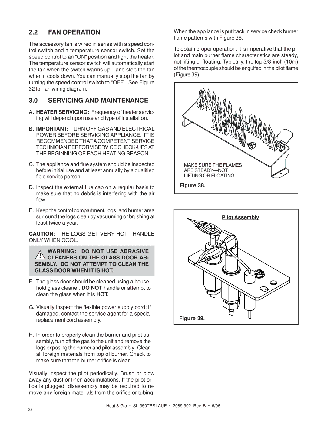 Hearth and Home Technologies SL-350TRSI-AUE manual FAN Operation, Servicing and Maintenance 