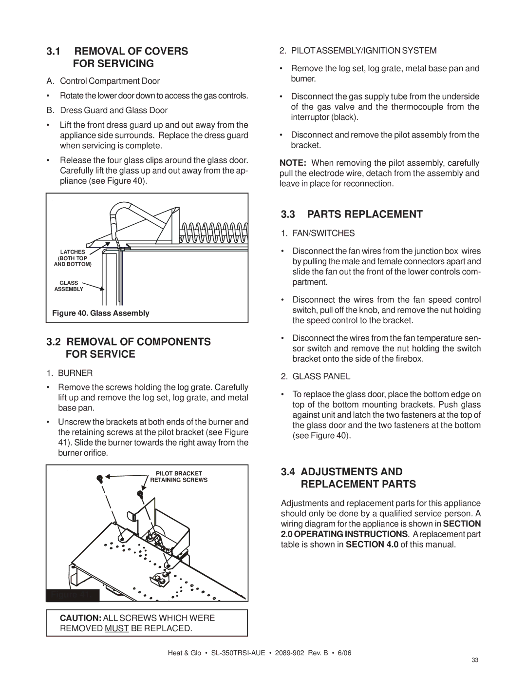 Hearth and Home Technologies SL-350TRSI-AUE manual Removal of Covers for Servicing, Removal of Components for Service 