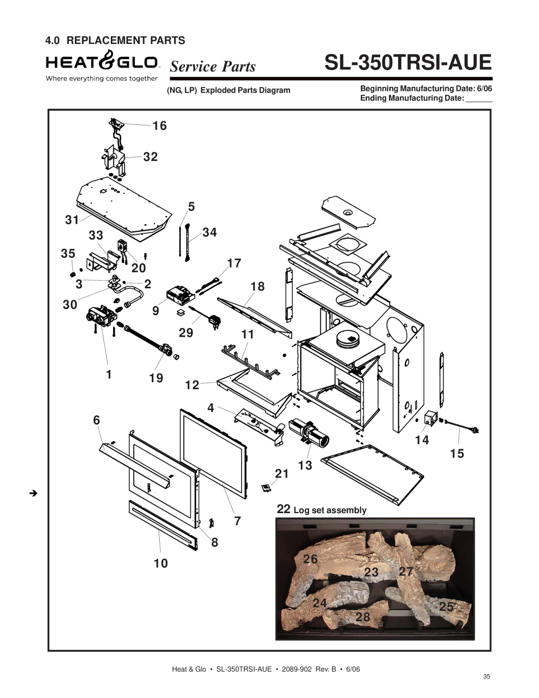 Hearth and Home Technologies SL-350TRSI-AUE manual Replacement Parts, Log set assembly 