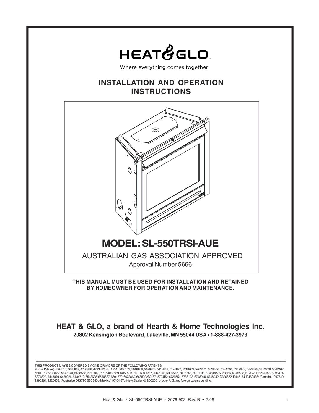 Hearth and Home Technologies manual Model SL-550TRSI-AUE, Kensington Boulevard, Lakeville, MN 55044 USA 