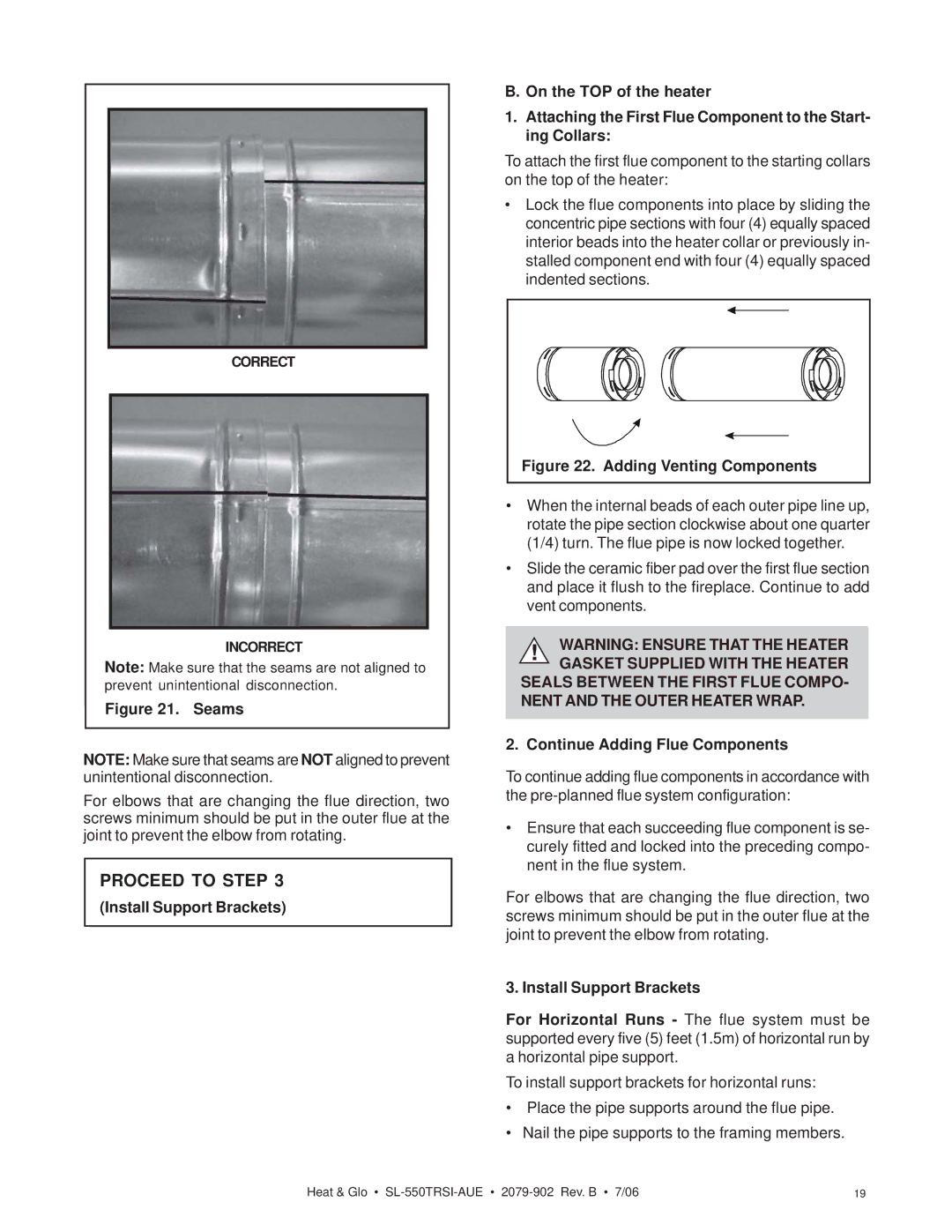 Hearth and Home Technologies SL-550TRSI-AUE manual Continue Adding Flue Components, Install Support Brackets 