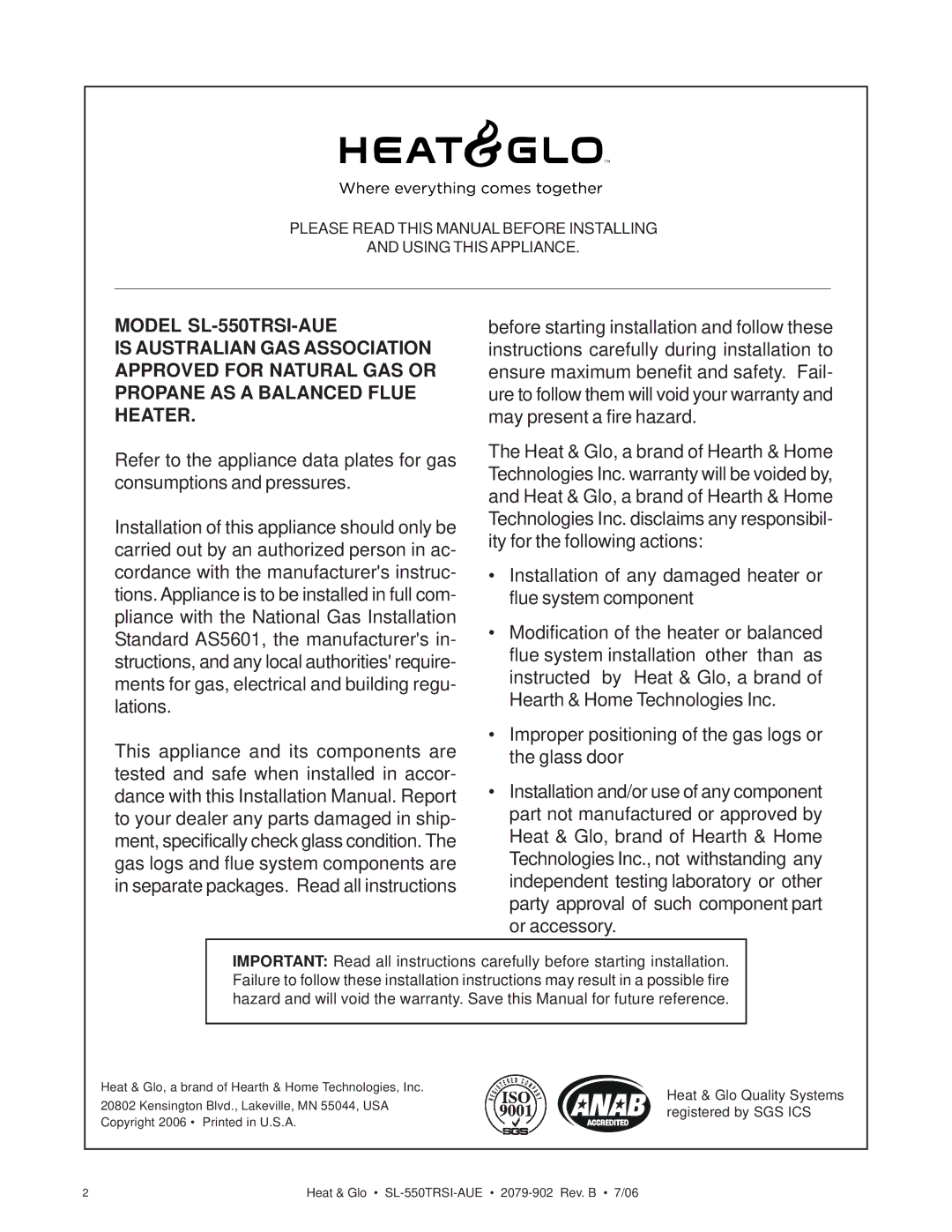 Hearth and Home Technologies SL-550TRSI-AUE manual Heat & Glo Quality Systems registered by SGS ICS 