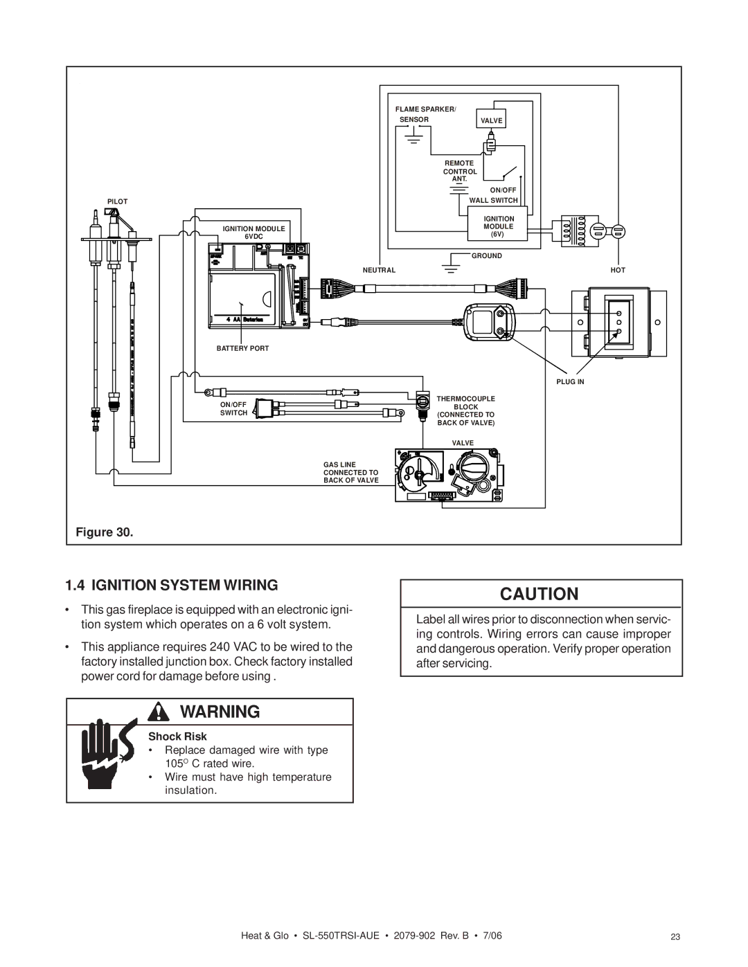 Hearth and Home Technologies SL-550TRSI-AUE manual Ignition System Wiring, Shock Risk 