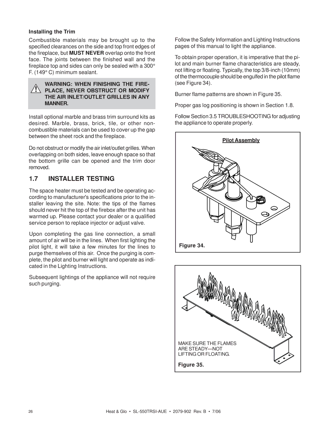 Hearth and Home Technologies SL-550TRSI-AUE manual Installer Testing, Installing the Trim, Pilot Assembly 