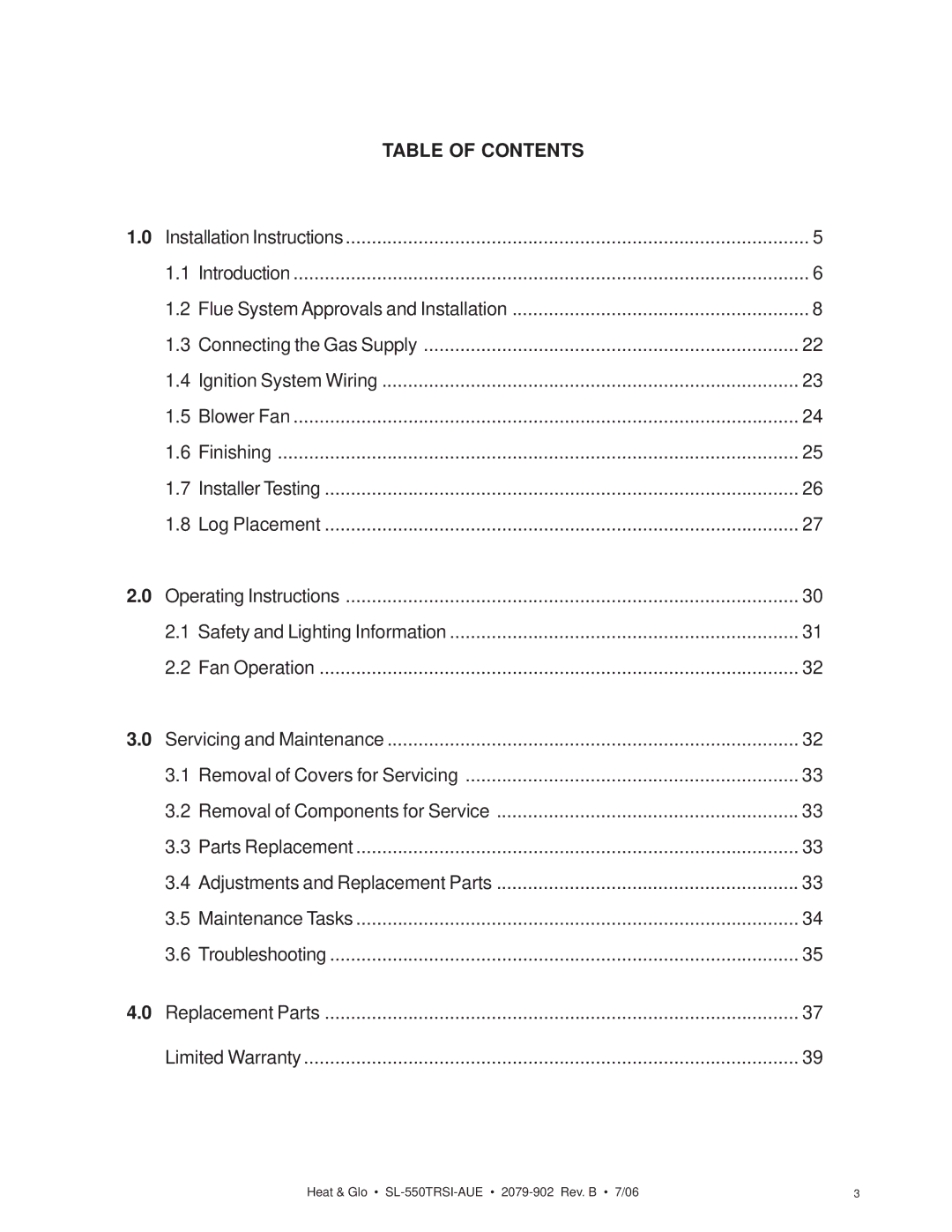 Hearth and Home Technologies SL-550TRSI-AUE manual Table of Contents 