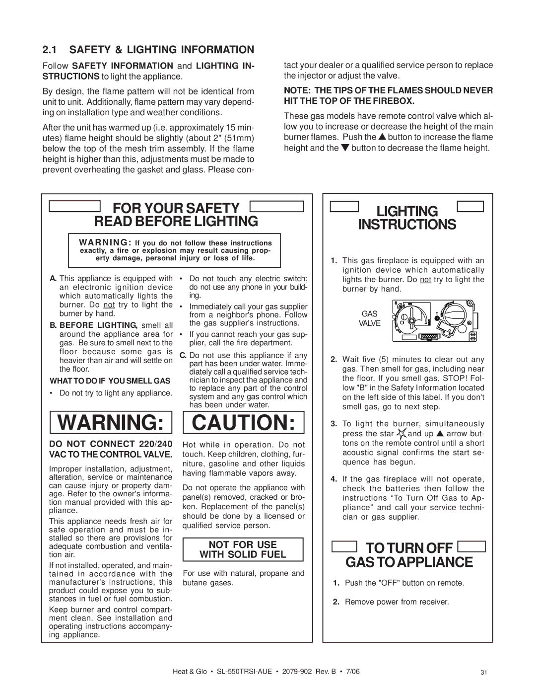 Hearth and Home Technologies SL-550TRSI-AUE Safety & Lighting Information, Do not Connect 220/240 VAC to the Control Valve 