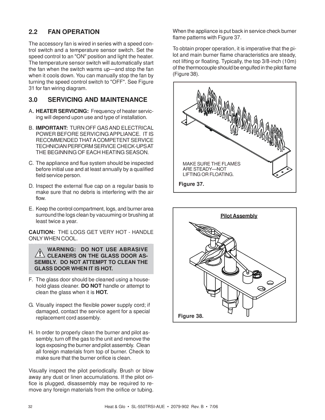 Hearth and Home Technologies SL-550TRSI-AUE manual FAN Operation, Servicing and Maintenance, Glass Door When IT is HOT 