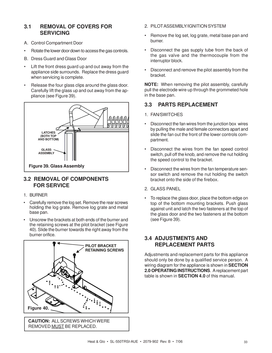 Hearth and Home Technologies SL-550TRSI-AUE manual Removal of Covers for Servicing, Removal of Components for Service 