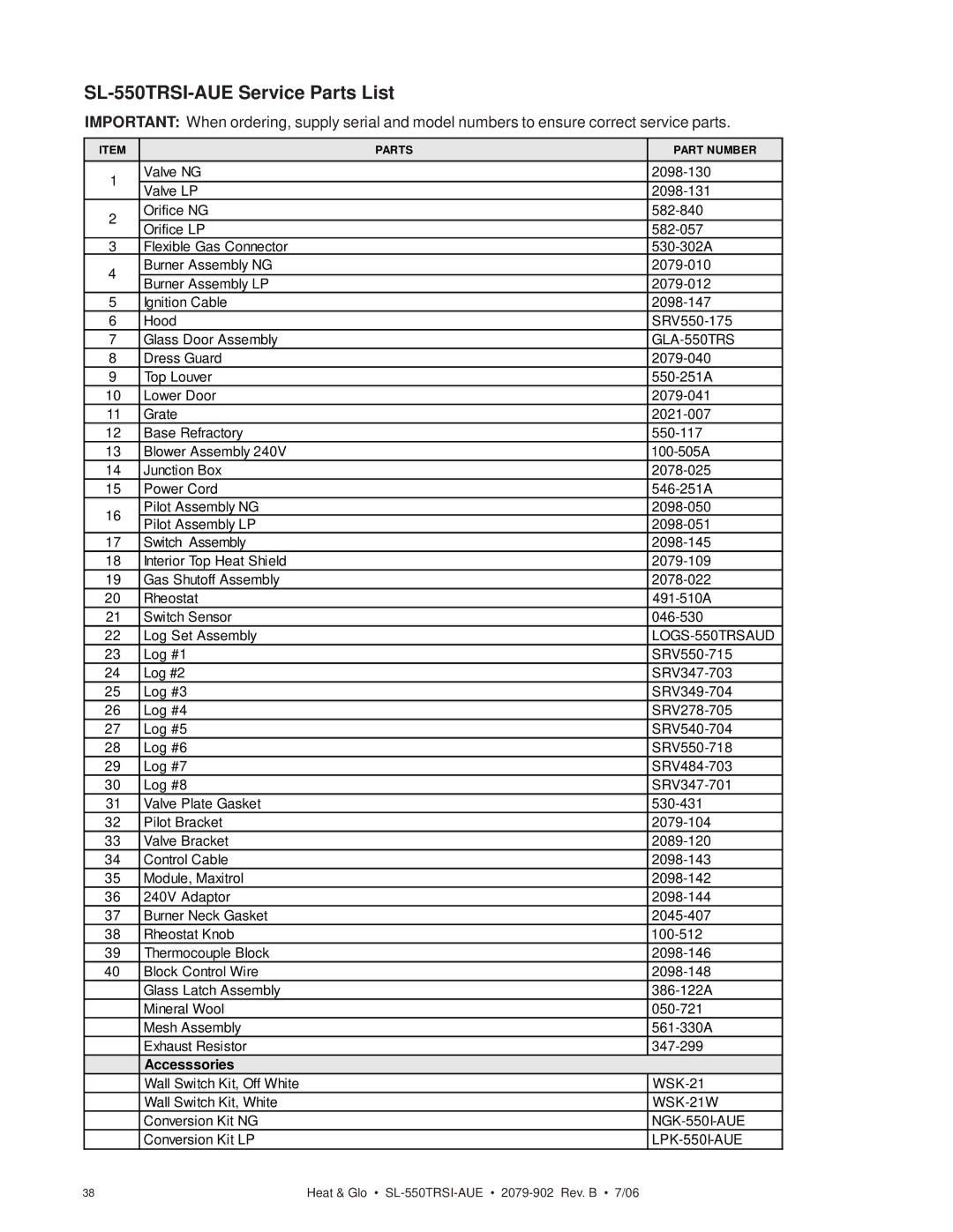 Hearth and Home Technologies manual SL-550TRSI-AUE Service Parts List 