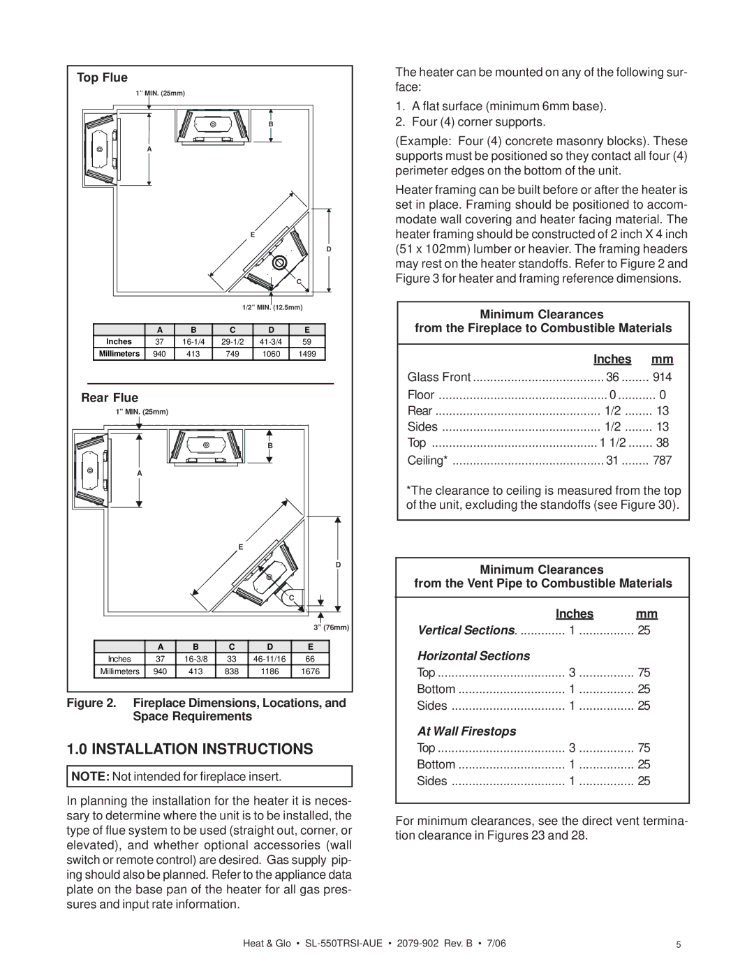 Hearth and Home Technologies SL-550TRSI-AUE manual Installation Instructions, Top Flue, Rear Flue 