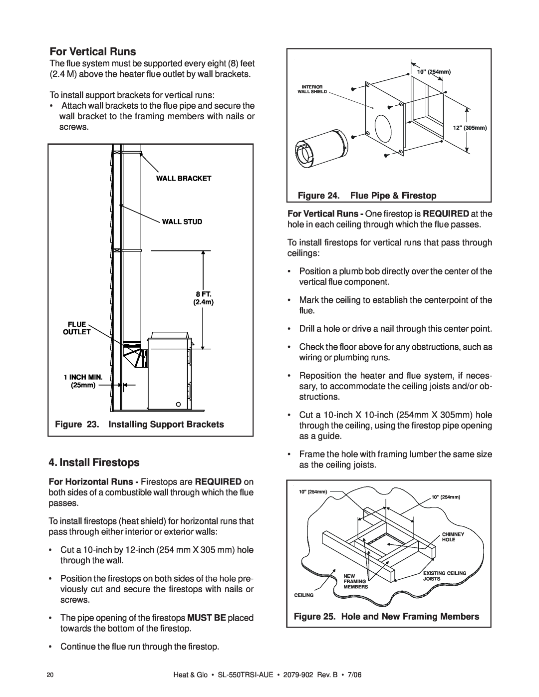Hearth and Home Technologies SL-550TRSI-AUE manual For Vertical Runs, Install Firestops, Installing Support Brackets 