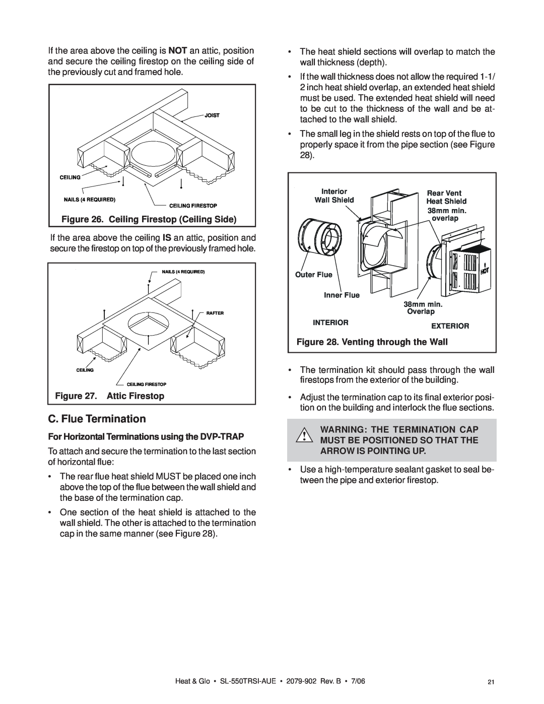 Hearth and Home Technologies SL-550TRSI-AUE manual C. Flue Termination, Ceiling Firestop Ceiling Side, Attic Firestop 