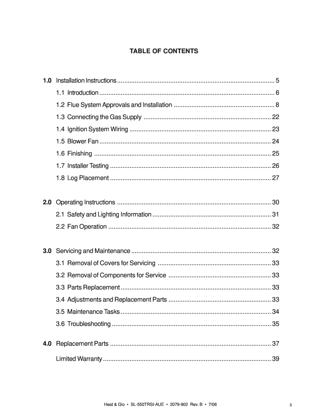 Hearth and Home Technologies SL-550TRSI-AUE manual Table Of Contents 