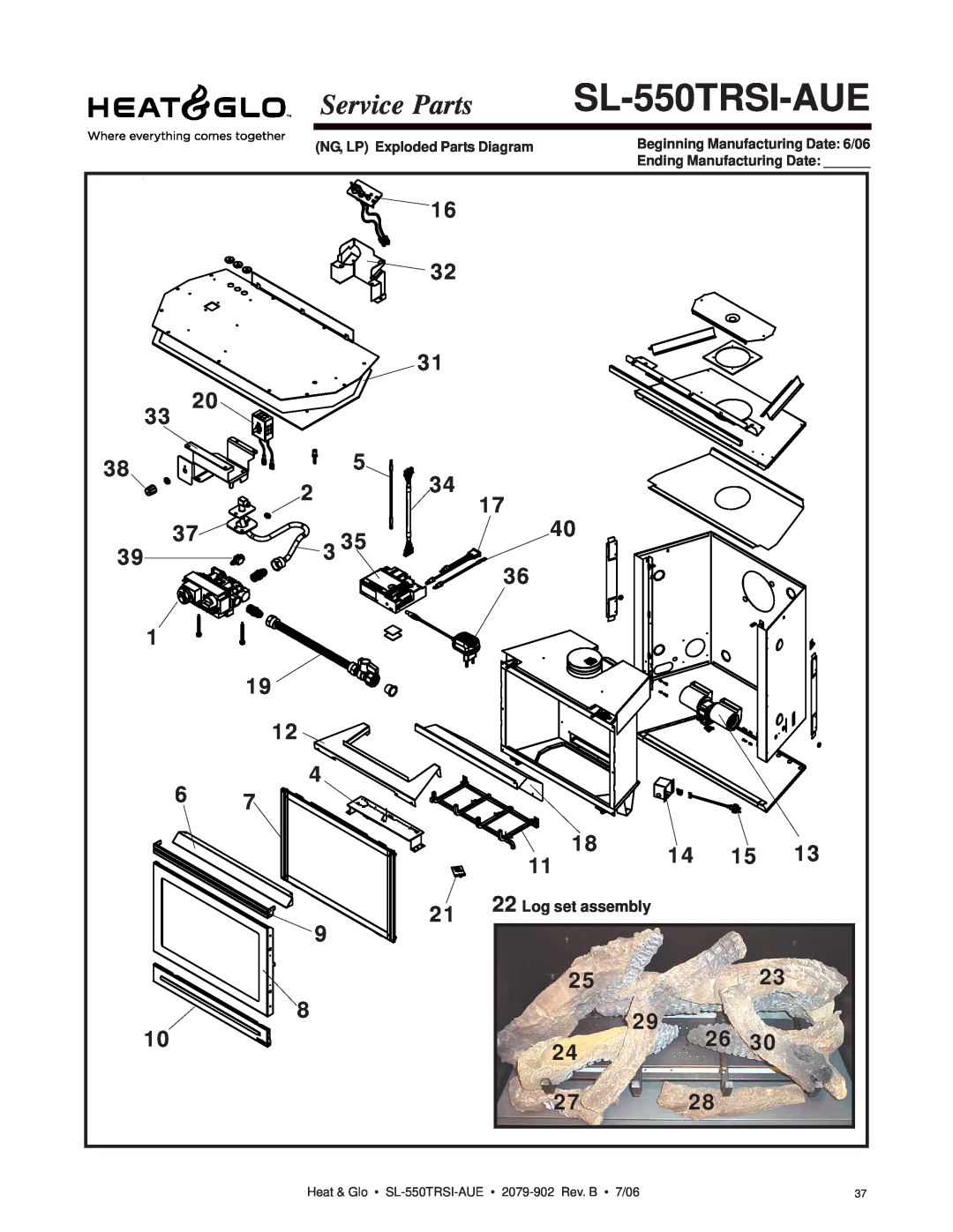 Hearth and Home Technologies SL-550TRSI-AUE manual Service Parts, Log set assembly, NG, LP Exploded Parts Diagram 