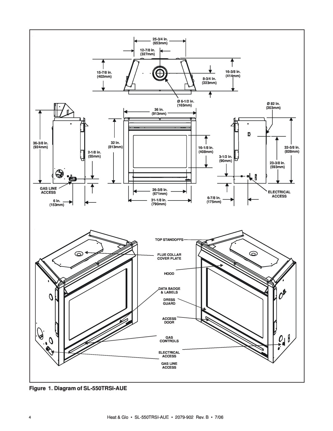 Hearth and Home Technologies manual Diagram of SL-550TRSI-AUE, Heat & Glo SL-550TRSI-AUE 2079-902 Rev. B 7/06 