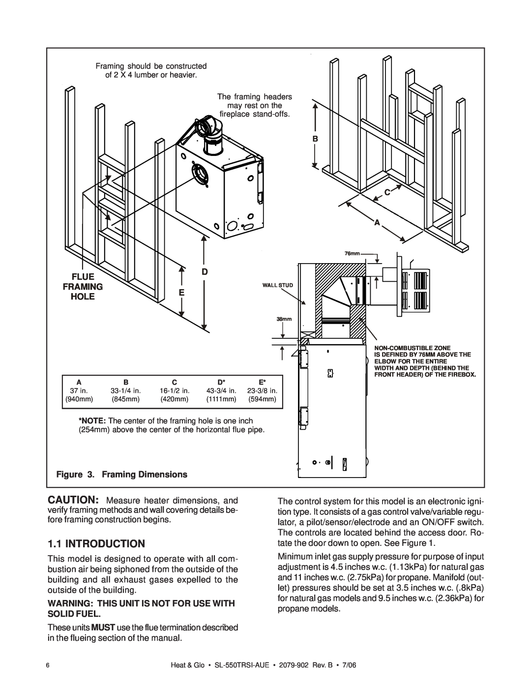 Hearth and Home Technologies SL-550TRSI-AUE manual Introduction, Flue, Hole, Framing Dimensions 