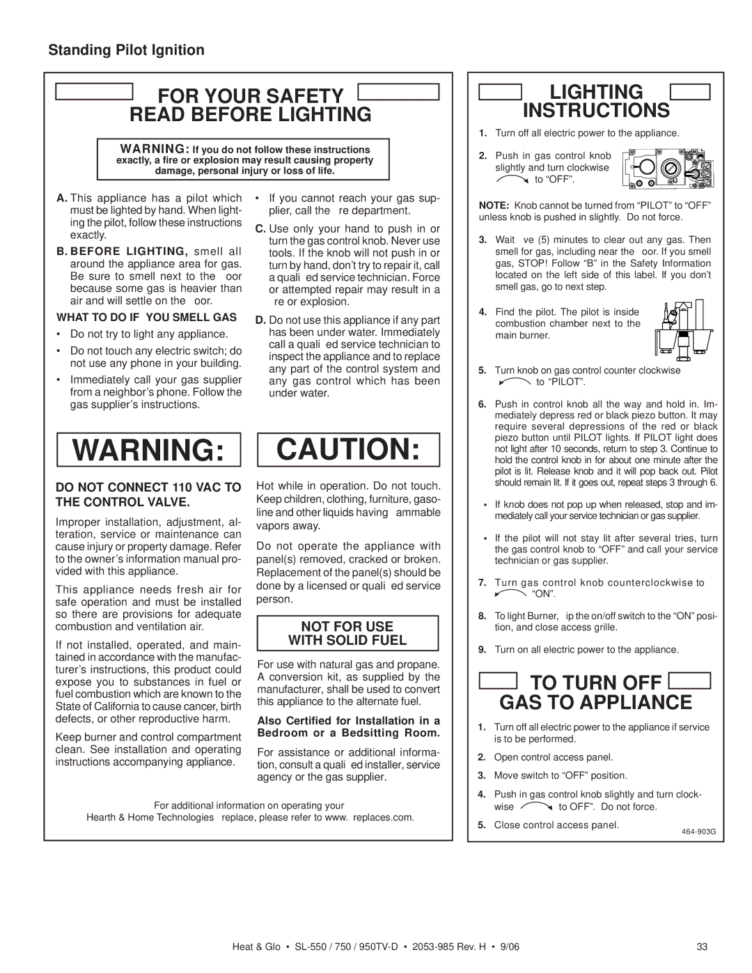 Hearth and Home Technologies SL-950TV-D For Your Safety Read Before Lighting Instructions, Standing Pilot Ignition 