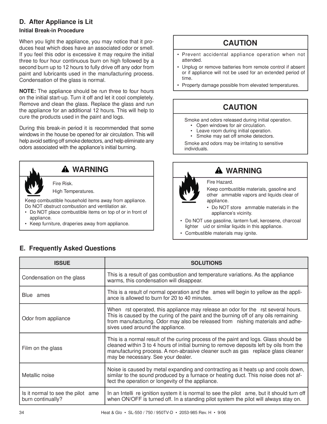 Hearth and Home Technologies SL-550TV-IPI-D After Appliance is Lit, Frequently Asked Questions, Initial Break-in Procedure 