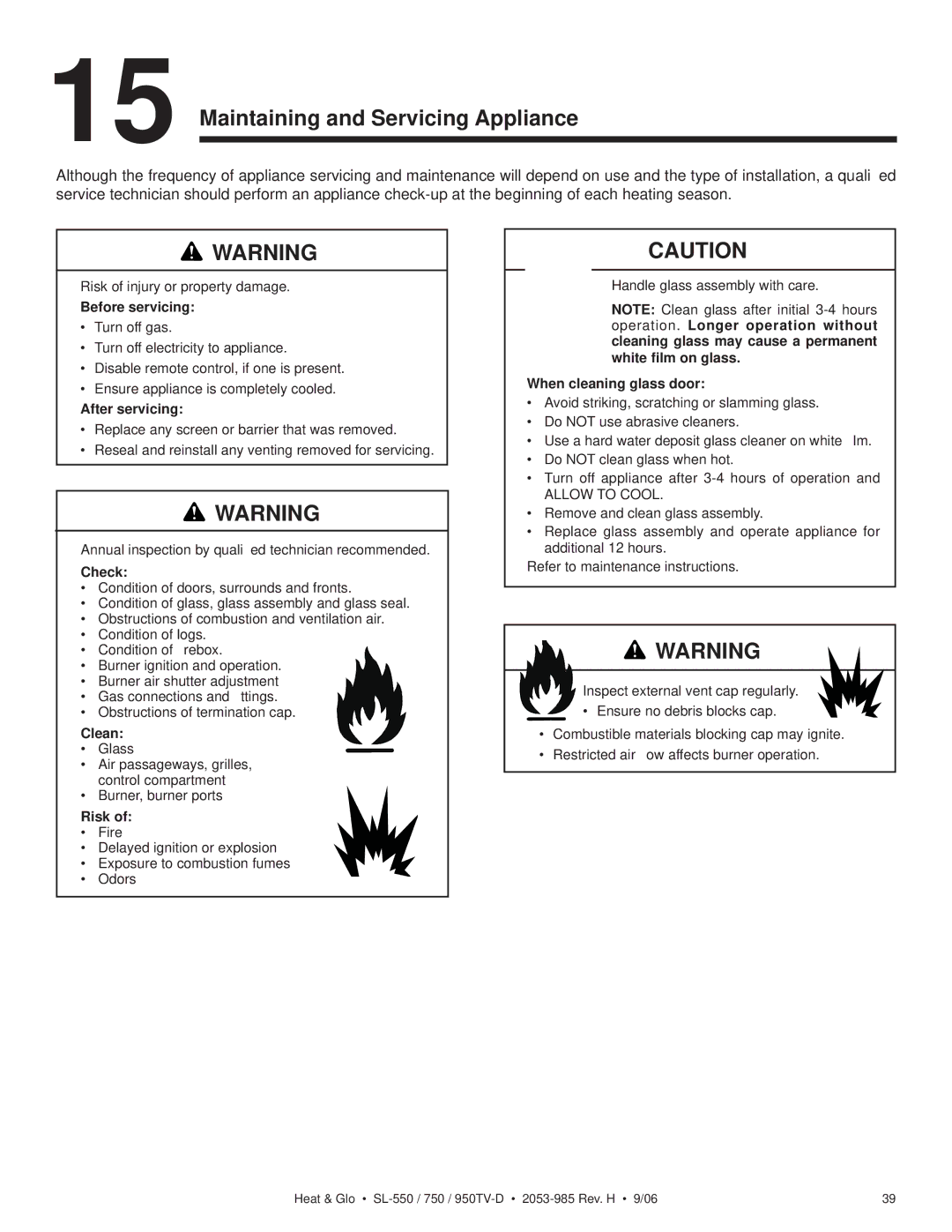 Hearth and Home Technologies SL-950TV-D, SL-550TV-D, SL-750TV-IPI-D Maintaining and Servicing Appliance, Before servicing 